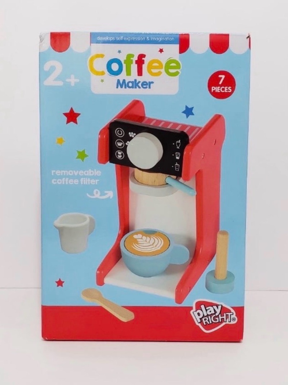 🆕 Play Right Wooden 7 Piece Coffee Maker Pretend Play Set